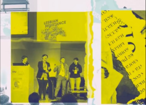 Graphic design similar to newspaper cutouts with overimposed yellow hue images of Italian lesbian activists on a stage